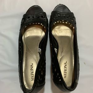 Black peep toe wedges